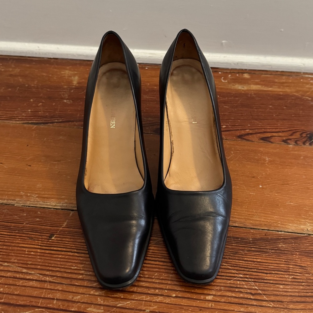Vintage RALPH LAUREN Black Leather Size 6.5  Almond Toe Slip on Block Heel Pumps - Picture 5 of 11
